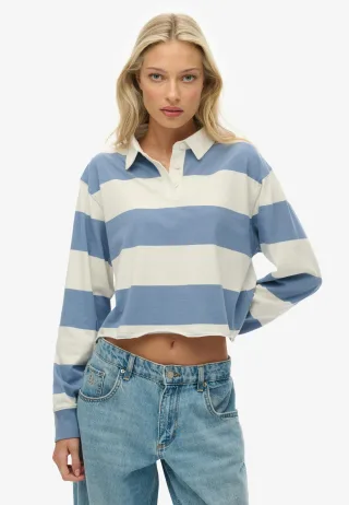 Superdry - Athletic Essentials Gestreiftes Rugby-Oberteil in Cropped-Länge Meeresblau/Ecru-Streifen - Gr. - 10