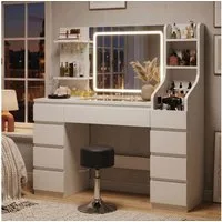 HOMALL Schminktisch Dreifarbiger, LED-beleuchteter Schminktisch Extra großer Stauraum (Maße: 135 × 40 × 137 cm, Arbeitsplatte aus gehärtetem Glas, mit 7 offenen Ablagefächern + 9 Schubladen, 2 Steckdosen + 1 USB-Anschluss + 1 Typ-C-Anschluss, Halteru