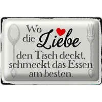 Roomando Metallschild Spruch 18x12cm wo Liebe den Tisch deckt Essen