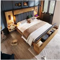 OKWISH Holzbett Bettgestell mit Lattenrost (Struraumbett, Doppelbett, Funktionsbett, 1-tlg., 180×200cm, ohne Matratze), mit Leselampe und USB/Type-C Nachttisch und Sitzbank mit Stauraum