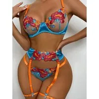 Elegant Love Set: Bügel-BH Besticktes BH-Set, Dessous-Set, Lingerie-Set (Set, 5-tlg., Strapsen, BH, String) Damennterwäsche, BH und Tanga - Reizwäsche