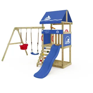 Spielturm DinkyHouse mit Rutsche und Sandkasten für Kinder - Stabiler Spielplatz aus Massivholz mit Schaukel-Anbau für den Garten - Wickey