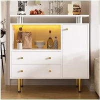 Flieks Kommode Sideboard mit LED-Beleuchtung, 2 Glasschiebetüren und 2 Schubladen (1 St., 80×35×80 cm), Mehrzweckschrank Wohnzimmerschrank Weiß, Metallgriffen und Metallfüßen