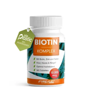 ProFuel Biotin Komplex | 365 Tabletten | 10.000 µg Biotin | mit Zink & Selen | Jahresvorrat | vegan
