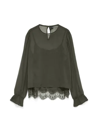 VERO MODA - VMLALIE LS LACE TOP WVN Forest Night - Gr. - XS