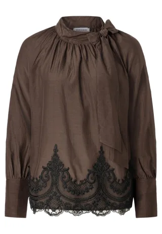 MORE & MORE - Bluse mit Schluppe & Spitze braun - Gr. - 34