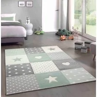 Carpetia Kinderteppich Kinderteppich Kinderzimmer Punkte Herz Stern Design grün grau creme, rund, Höhe: 13 mm