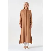 fashionshowcase Longtunika Damen lange Tunika verdeckte Knopfleiste Modest elastisch elegant minimalistischer Look, fließender Fall, ideal für Modest Outfits