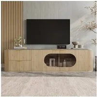 BlingBin Lowboard TV-Schrank Fernsehschrank TV-Ständer Wohnzimmerschrank (1 St., 2 Schubladen und 2 Schranktüren mit vertikalen 3D-Streifen, Holzoptik), Ovaler Vitrinenschrank aus grauem Glas, 172 L x 38 B x 45,5H cm
