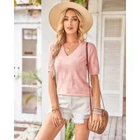 Arach&Cloz Kurzarmpullover Damen Kurzarmpullover V-Ausschnitt-Pullover Sommer Frühling Bluse Strickpullover Basic Oberteile Strick Tops