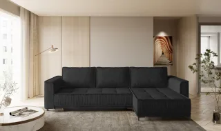 Ecksofa Schlafsofa Sofa JUNA Stoff Terra Schwarz Ottomane Rechts