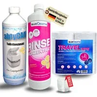 BlueCraft Sanitärflüssigkeit Set mit Toilettenpapier für Campingtoilette Campingtoilettenreiniger (Set, [- inkl. Dosierbecher 50 ml & 4er Toilettenpapier Komplett-Sanitärset für Camping)