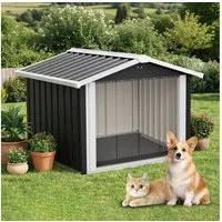 BBWL Hundehütte Outdoor Wetterfest 101x91x84 cm Hundehause Metall, mit Belüftung Schrägdach Grau