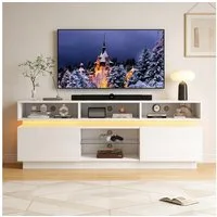 KLAM HOME Lowboard Weißer TV Lowboard 160cm mit LED & Glasablage (Hochglanz TV-Schrank für 60 Zoll mit 10 Fächern), Wohnzimmer TV-Ständer 160×35×60cm aus MDF