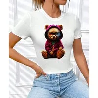 RMK Print-Shirt Damen T-Shirt Top Sommer Rundhals süßer Teddybär Bär Brille aus Baumwolle