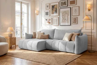 Ecksofa Schlafsofa ONTARIO in Stoff Poso Hellgrau Ottomane Links