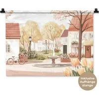 MuchoWow Wandteppich Dorfplatz - Springbrunnen - Tulpen, Rechteckig, Höhe: 3 mm, Wanddeko Teppich Wohnzimmer, Schlafzimmer, 60x45 cm