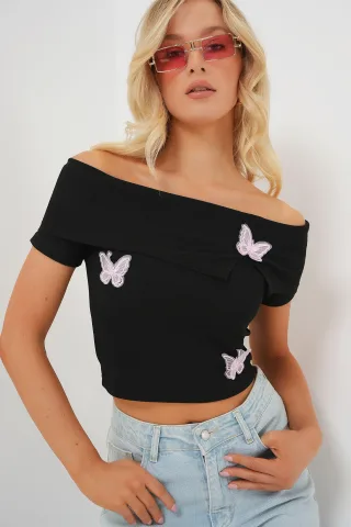 Schmetterlings-Applikation Off-Shoulder Kurzarm Cropped Top