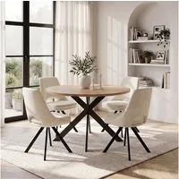 Jiexi Essgruppe Essgruppe Runder Tisch Ø 115cm Eiche Sternfuß & Flanell Stühle