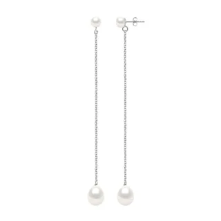 Doppelte Ohrringe aus Weißgold – echte Süßwasser-Zuchtperlen, Knopf 5–6 mm + Birne 8–9 mm