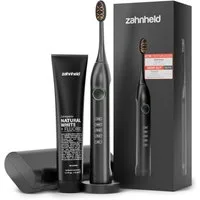 Zahnheld Elektrische Zahnbürste Schallzahnbürste Gero im Set mit Zahnpasta Natural White und Reiseetui, 5 Putzmodi, Zahnpflege Set, schwarz, Mundpflege, Reisezahnbürste, Zahnbürste mit Schall, USB Ladestation