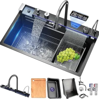 Integrated Digital Display Kitchen Sink Flying Rain Cold Hot Water Faucet Set 304 Stainless Steel Double Waterfall Singl