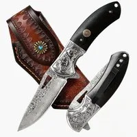 KingLux Damastmesser Taschenmesser Damast Klappmesser mit Gürteltasche Leder, Taschen-Clip