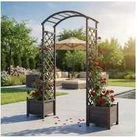 Feel2Home Rosenbogen Rosenbogen Schwarz + Blumenkübel Spalier Rankhilfe Gitter Holz Pergola Stück, 1 St., Rosenbogen mit 2 x Blumenkübeln aus Holz schwarz, Rosenbogen mit 2 x Blumenkübeln