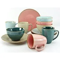 CreaTable Frühstücks-Geschirrset Service, Cosy Morning (Teller, Schale, Kaffeebecher) (12-tlg), 4 Personen, Steinzeug, Kreisstruktur, in Pastell-Farben, 12 Teile, für 4 Personen
