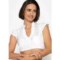 SASSYCLASSY Dirndlbluse Baumwoll Dirndlbluse mit Stickerei für Damen Traditionelle Trachtenbluse mit V Ausschnitt und Stehkragen Weiß