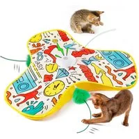 AIMAX Katzen-Spielschiene Interaktives elektrisches Katzenspielzeug zur Selbstbeschäftigung, Automatische Jagdhaube mit Federn, Mausgeräuschen & farbigem Design
