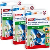 tesa Klebehaken POWERSTRIPS Poster Doppelseitige Klebestreifen, (Spar-Set, 60-St., 3 x 20 tesa Powerstrips® Poster), Klebepads mit max. 200 g Haltekraft - 3er Pack - je 20 Stück