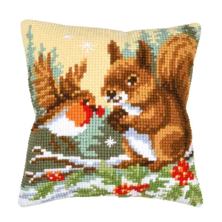 Kreuzstichkissen "Eichhörnchen & Vogel"