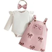 Lapastyle 2-in-1-Kleid 3-tlg Baby Mädchen Kleidung Overall + Latzkleid + Stirnband Elegante süßes Drucke Baby-Set in kontrastfarben, Geburtstagsparty Set