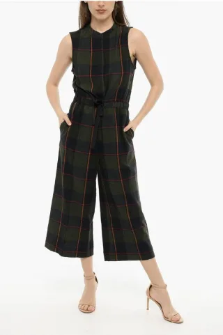 Grüner Jumpsuit aus Wollmischung mit Karomuster und Tunnelzug in der Taille