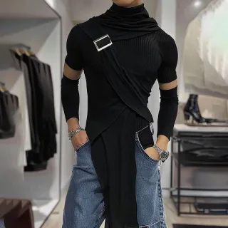 INCERUN Deconstructed Design Solid Color T-Shirt Fashion High Neck Truncated Long Sleeves High Stretch Top for Men