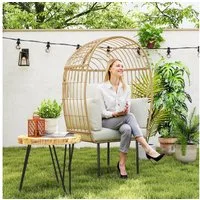Outsunny Rattanstuhl mit abnehmbarem Kissen, Polster (übergroße Ei-förmig Rattansessel, 1 St), für Garten Balkon, Veranda, Terrasse Beige