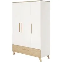 roba® Kleiderschrank Theo - moderner Kleiderschrank aus Holz mit 3 Türen und 1 Schublade Griffe & Füße aus Massivholz - Soft-Close Türen - Weiß / Ulme