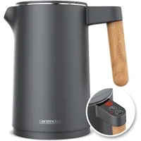 Arendo Wasserkocher Edelstahl, Temperatureinstellung 40° - 100 °C mit Anzeige, Doppelwand, 1,5 l, 2200 W, Warmhaltefunktion, 360° Basis, mit Griff in Holzoptik, BPA-frei