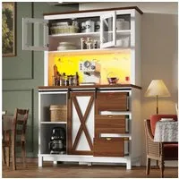 i@home Hochschrank Küchenschrank mit LED Beleuchtung mit Schublade, Sideboard mit Schiebetür und drei Schubladen