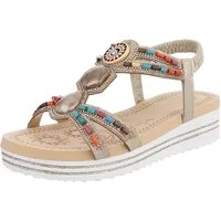 Ital-Design Damen Sandalen mit Stein- und Perlenverzierungen, Freizeit Plateausandaletten (91512196) Keilabsatz/Wedge Keilsandaletten in Gold