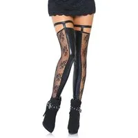 Leg Avenue Halterlose Strümpfe Wetlook Halterlose Strümpfe mit Spitze - schwarz (1-Paar) transparent, glänzend