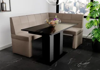 Eckbankgruppe 168x128 cm BLAKE L Stoff Soro Taupe / Esstisch DANTE Schwarz