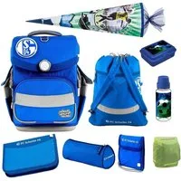 SCHOOL-MOOD® Schulranzen Timeless Air+ für Jungen von der 1. bis 4. Klasse (Set, 10-tlg), im Schalke 04 Stil mit Dose, Flasche und Schultüte 85 cm