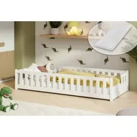 Kids Collective Kinderbett Bodenbett mit Rausfallschutz & Lattenrost Montessori Betten Kinder (Verfügbare Größen: 80 x 160, 80 x 180, 90 x 190, 90 x 200, 120 x 200, 140 x 200 cm), Jugendbett Einzelbett Kiefer mit Matratze Weiß 90x190 cm
