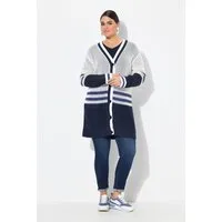 Ulla Popken Strickjacke Long-Strickjacke Streifen V-Ausschnitt Langarm