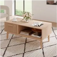 FUROKOY Lowboard aus Rattan Wohnzimmertisch Couchtisch aus Holz, Sofatisch mit Schublade,Holzbeinen,100x50x43 cm