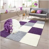 TeppichHome24 Teppich Shaggy Teppich in Karo Design Lila Grau Creme, rechteckig