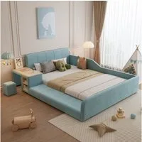 Merax Polsterbett mit weichem Kopfteil & stabilen Holzlatten (1-tlg., Jugendbett), Kinderbett 140x200cm mit Schreibtisch, Hocker und Ablageboden, Samt