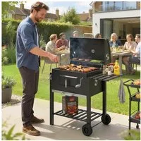 Outsunny Holzkohlegrill Grillwagen Grill BBQ Standgrill, Holzkohle Kohlegrill, Gartengrill, Edelstahl Schwarz 113 x 65 x 108 cm
